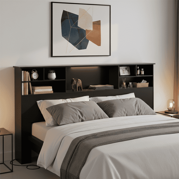 Someet Headboard for Queen Size with Storage, Bookcase Headboards with USB & Type-C Port & 2 Power Outlets & 2 LED Lights, Height Adjustable, Black