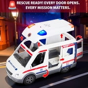 Playkidiz Push & Go Ambulance Toy Playset Emergency Vehicle with Realistic Lights & Sounds, 4 Buildable Figures, Stickers, and Accessories for Ages 3+