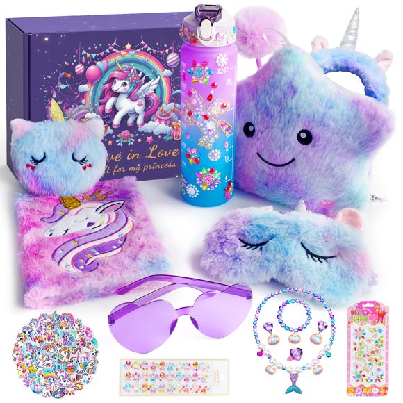 64pcs Unicorn Gifts Toys for Girls Kids Toys 5 6 7 8 9 10+ Years Old Halloween Thanksgiving Christmas Birthday Gifts Box with Star Light Up Pillow Stuffed Diary with Lock Headband Wat