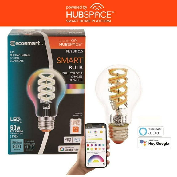 60-Watt Equivalent Smart A-19 Clear Color Changing CEC LED Light Bulb with Voice Control (1-Bulb) Powered by Hubspace
