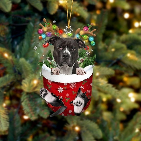 Acrylic 2D FLAT - Black American Pitbull Terrier In Snow Pocket Christmas Ornament Flat Acrylic Dog Ornament - Holiday Tree Decoration