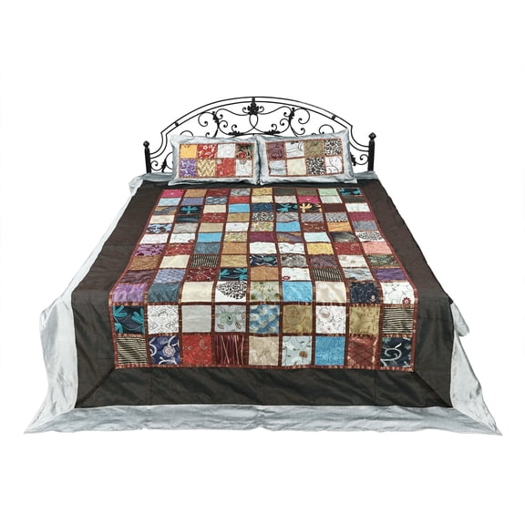 Exotic India Ultimate-Gray Art Silk Floral Embroidered Multicolor Patch Work Bed Cover from Jaipur - Art Silk