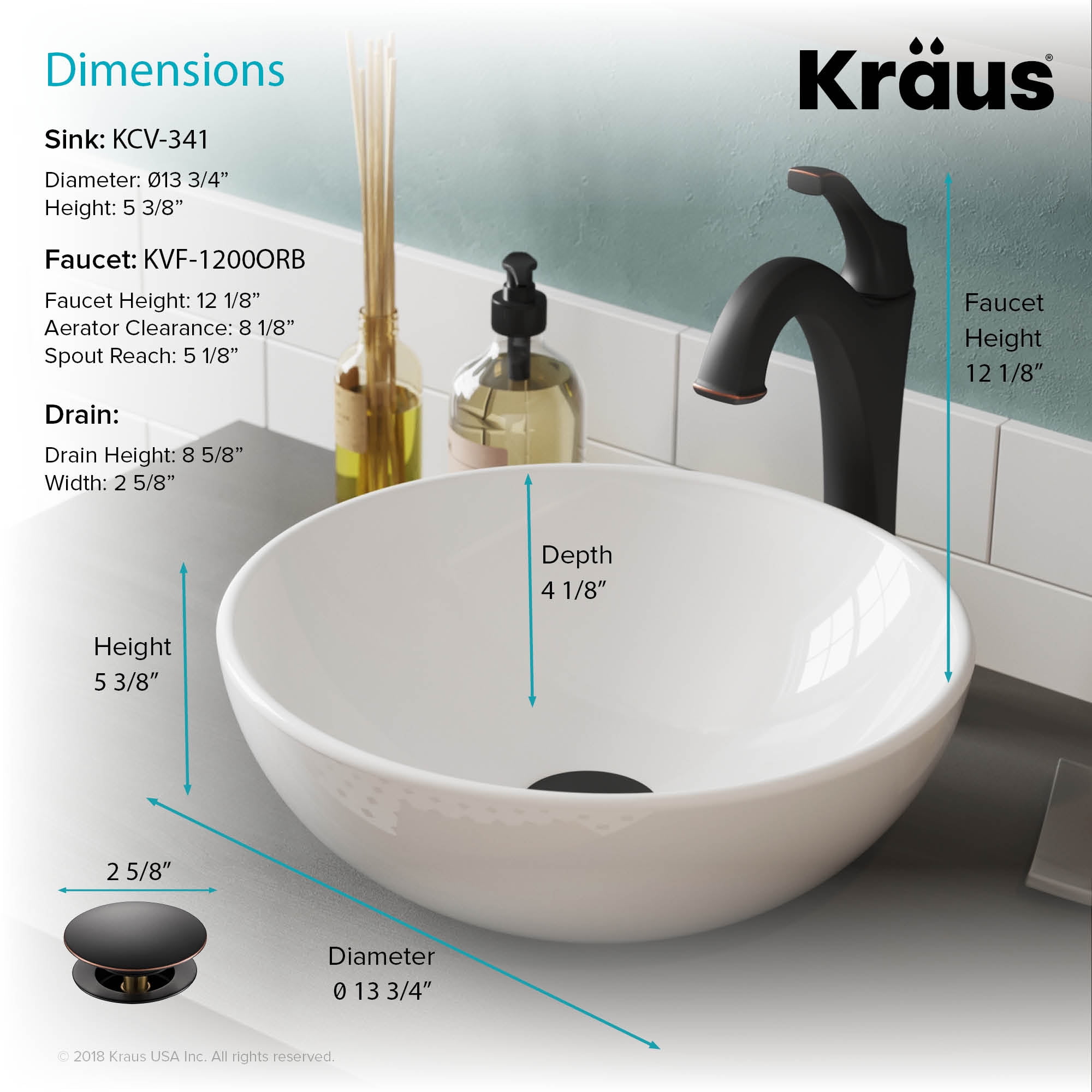 KRAUS Elavo 14-inch Round White Porcelain Ceramic Bathroom Vessel Sink and Arlo Faucet Combo Set with Pop-Up Drain, Oil Rubbed Bronze Finish