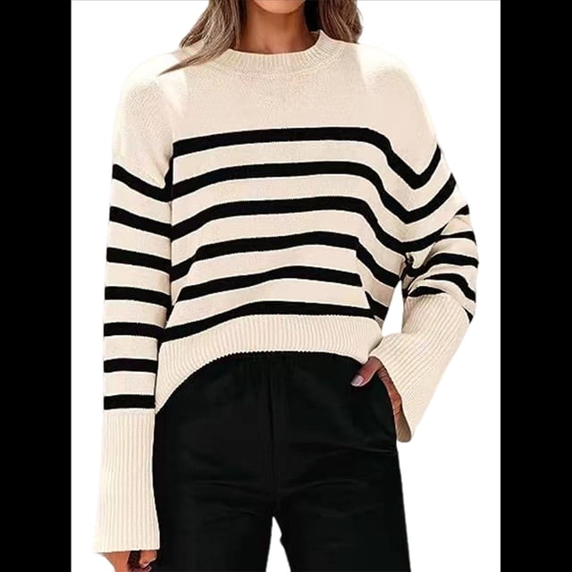 Suéteres de Punto A Rayas de Gran Tamaño para Mujer, Ropa de Otoño 2025, Suéter de Cuello Redondo de Invierno con Abertura Lateral Albaricoque L