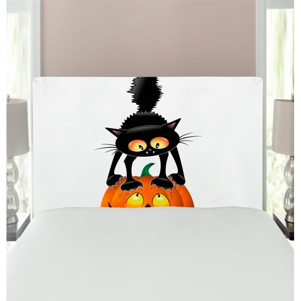 Halloween Headboard, Black Cat on Pumpkin Drawing Spooky Cartoon Characters Halloween Humor Art, Upholstered Decorative Metal Bed Headboard with Memory Foam, Twin Size, Orange Black, by Ambesonne Halloween Headboard, Black Cat on Pumpkin Drawing Spooky Cartoon Characters Halloween Humor Art, Upholstered Decorative Metal Bed Headboard with Memory Foam, Twin Size, Orange Black, by Ambesonne