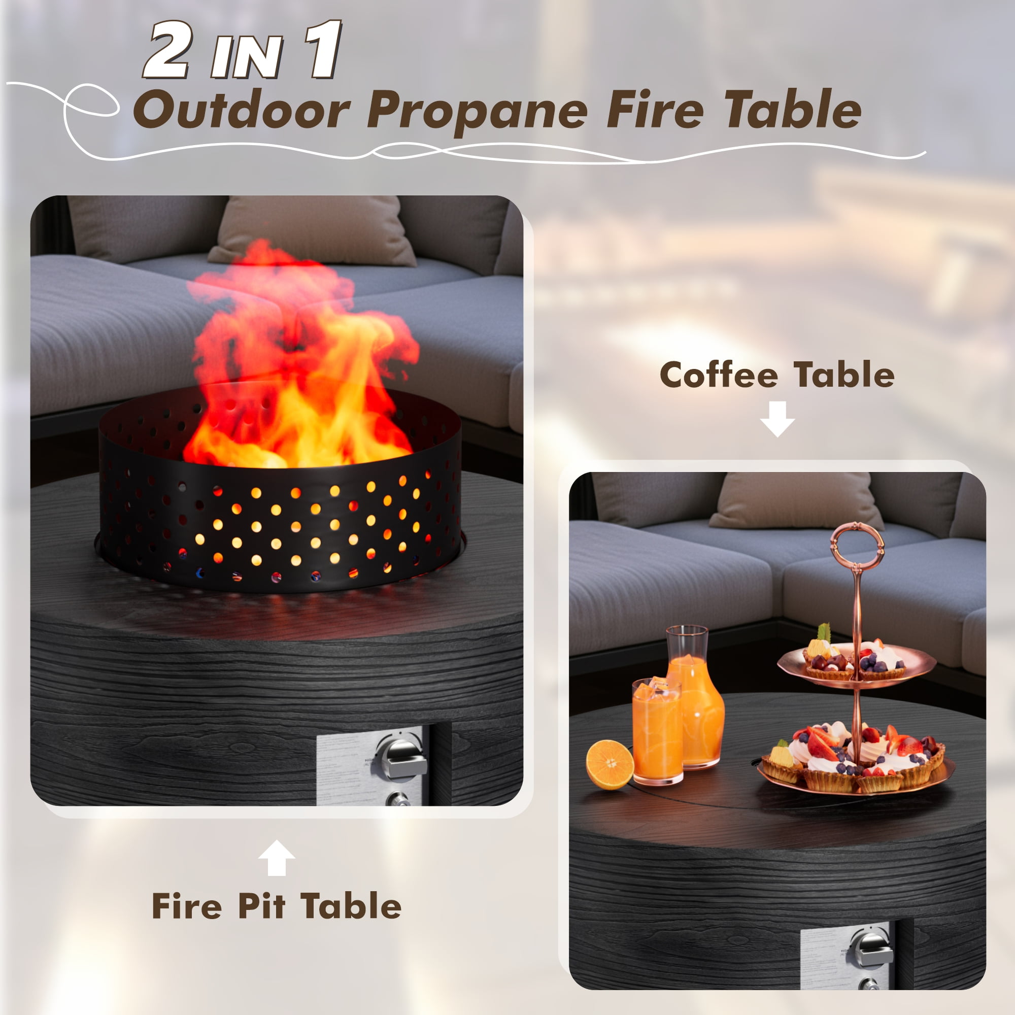 30 in. Round Coating Steel Propane Firepit Table, 50,000 BTU Outdoor Fire Pit Table in Dark Gray Wood Grain