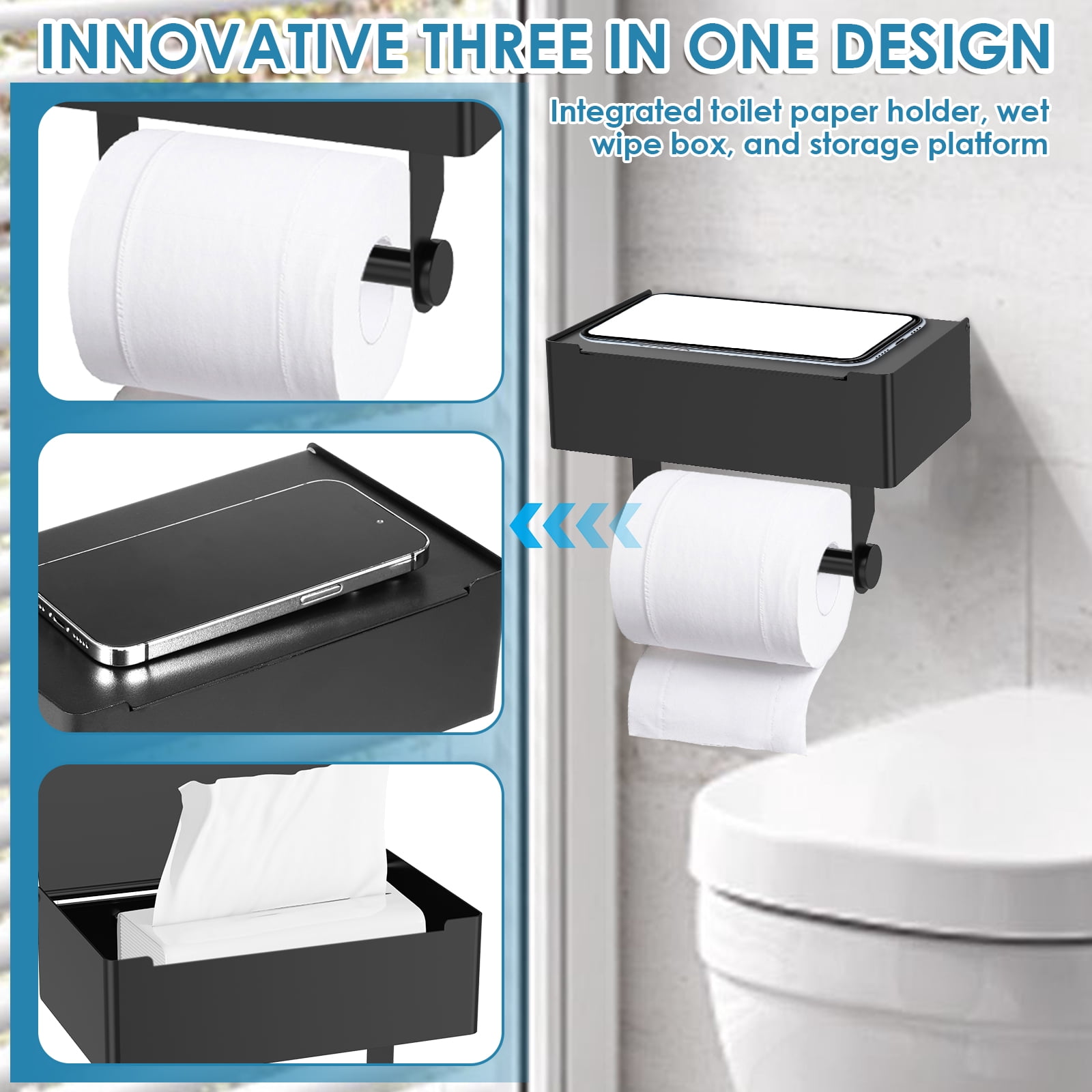 20.5cm Stainless Steel Toilet Paper Holder 3 in 1 Multifunctional Toilet Roll Holder Enduring issue and Wipe Stand for Bathroom
