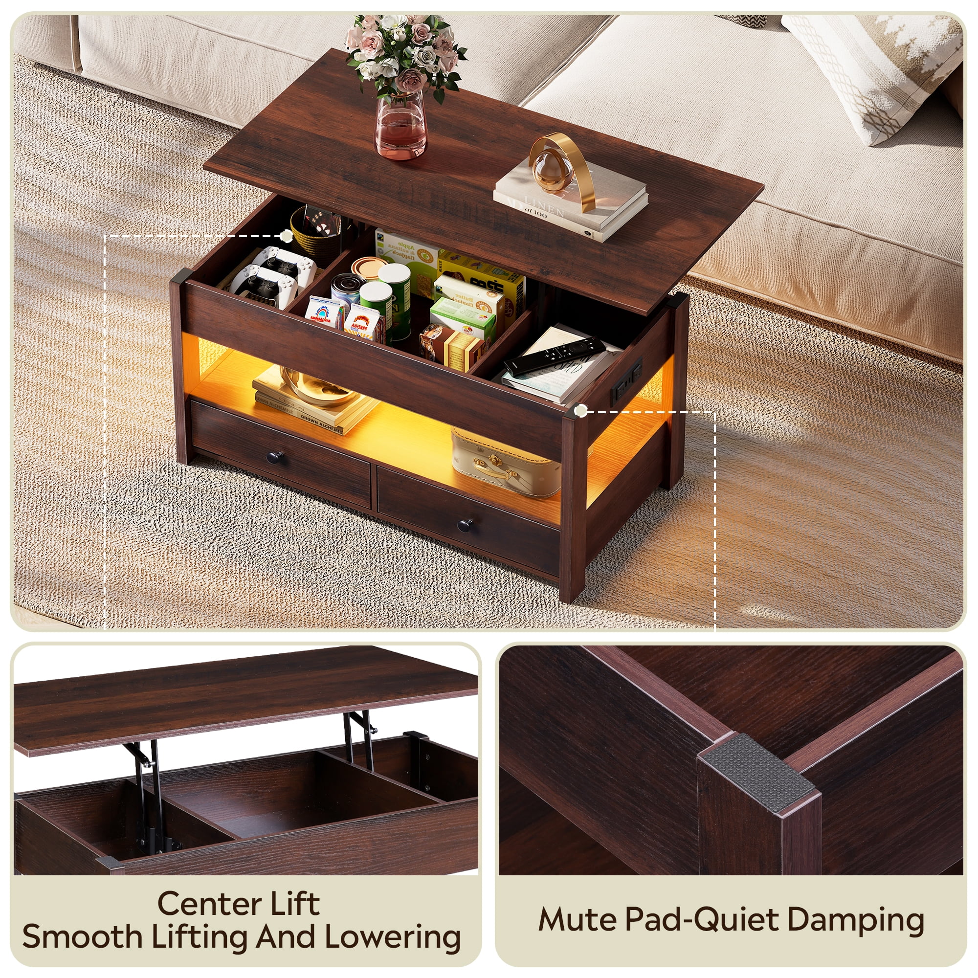 GALAXHERO Lift Top Coffee Table for Living Room Table with 2 Drawers & LED Light & Large Storage and Open Shelf Espresso