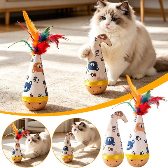 Interactive Cat Toy Tumbler 2 Pack for Indoor Cats and Small Dogs, Natural Beechwood Self Righting Wobble Toy with Feathers, Silent Battery Free Enrichment Play Gift Set