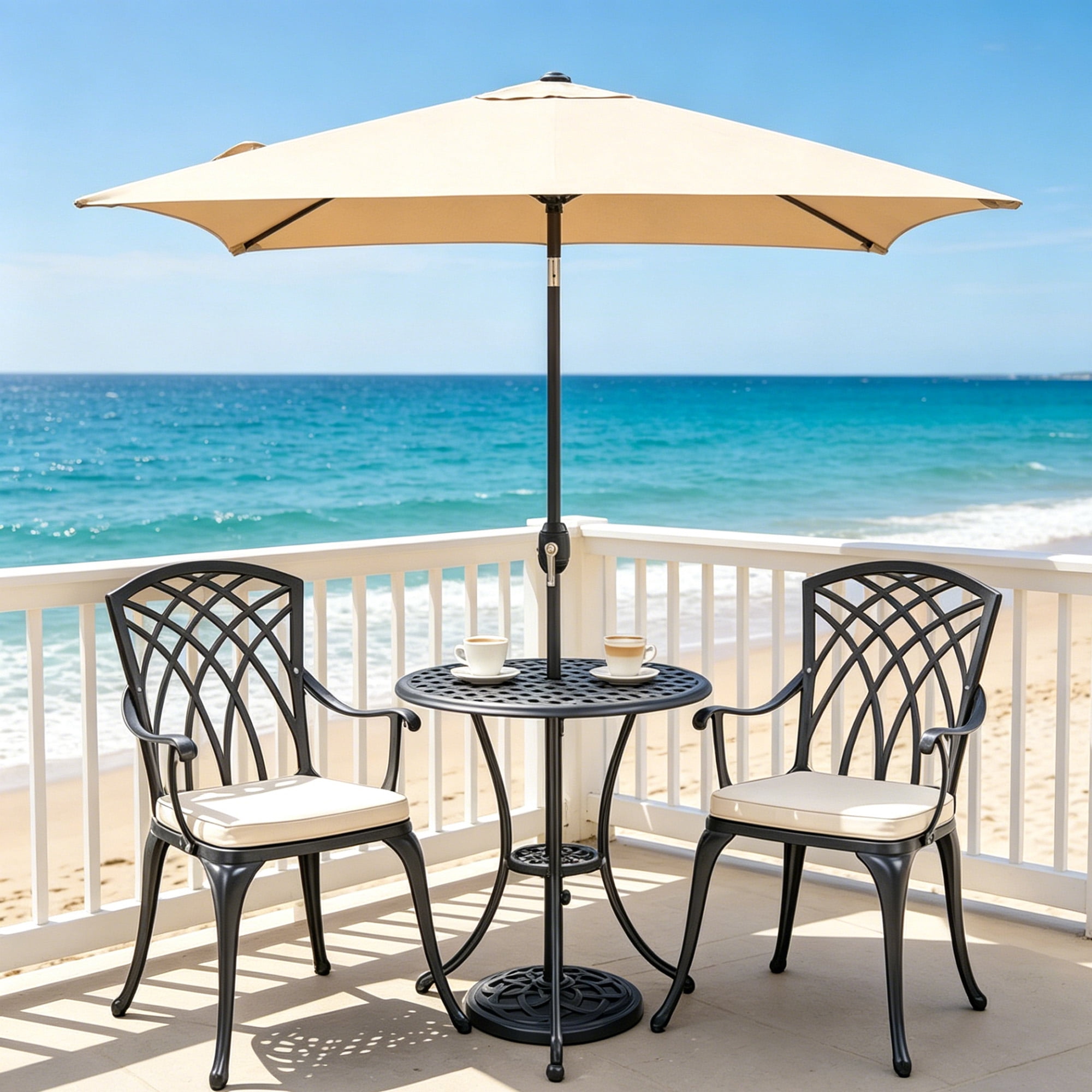 Kool 6.5 ft Square Outdoor Patio Market Umbrella with Push Button Tilt and Crank Handle, Tan