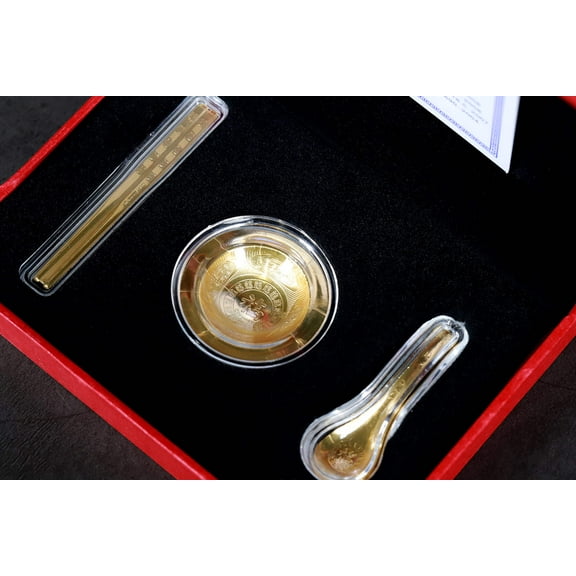 24k Gold Plated Mini Chopsticks Bowl Spoon Gift Set