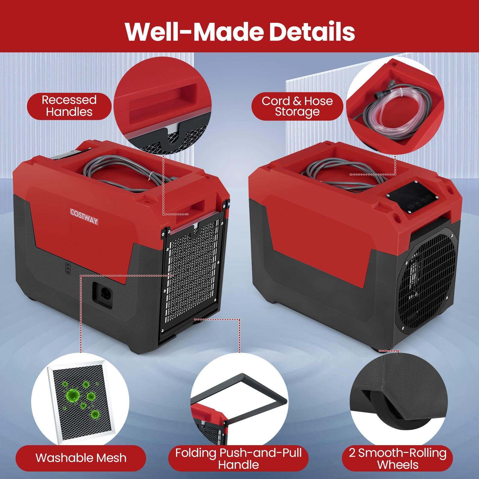 Costway 140 Pints Commercial Dehumidifier with Pump, Drain Hose for Basements, Job Sites Red