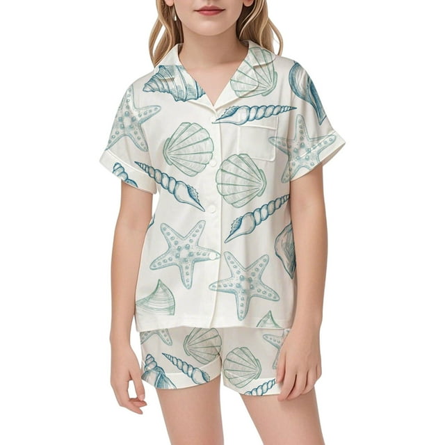 Girls Satin Pajama Set Featuring Adorable Ocean Animal Design For Cozy Sleep And In Soft Breathable Fabric Ideal For Year Round Comfort