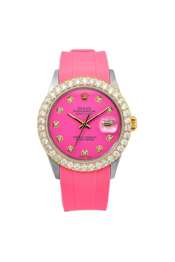 Pre-Owned Rolex Datejust 36MM 16014 Pink Diamond Dial Diamond Bezel Pink Rubber Strap