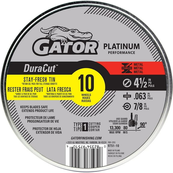 Gator DuraCut Type 1 Metal Cut-Off-Wheel, 4-1/2" x .063" x 7/8", 10 Pack