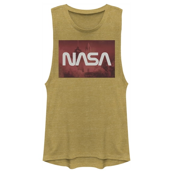 Junior's NASA Space Shuttle Blast Off Text Over Lay  Festival Muscle Graphic Tee Gold Heather X Large