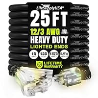 25ft Outdoor/Indoor Extension Cord 3-Outlet 12/3 Gauge Extra Heavy Duty ETL Listed, 3 Prong SJTW, Waterproof, Flexible Cold-Resistant Long Power Cord,15A 125V 1875W, Black by LifeSupplyUSA