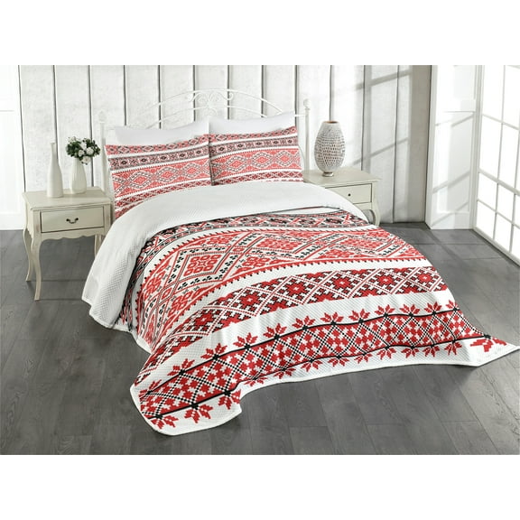 Ambesonne Art Quilted Bedspread Set 3 Pcs, Ukranian Ornate Borders, Queen Size, Vermilion Black White
