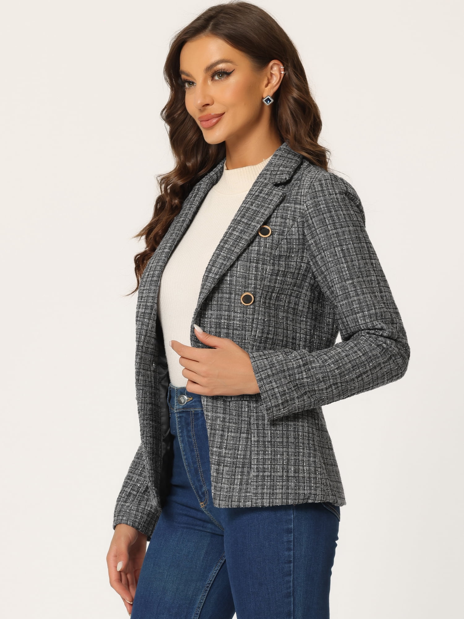 DARING DIVA Women's Plaid Blazer Notch Lapel Tweed Jacket XS Gray