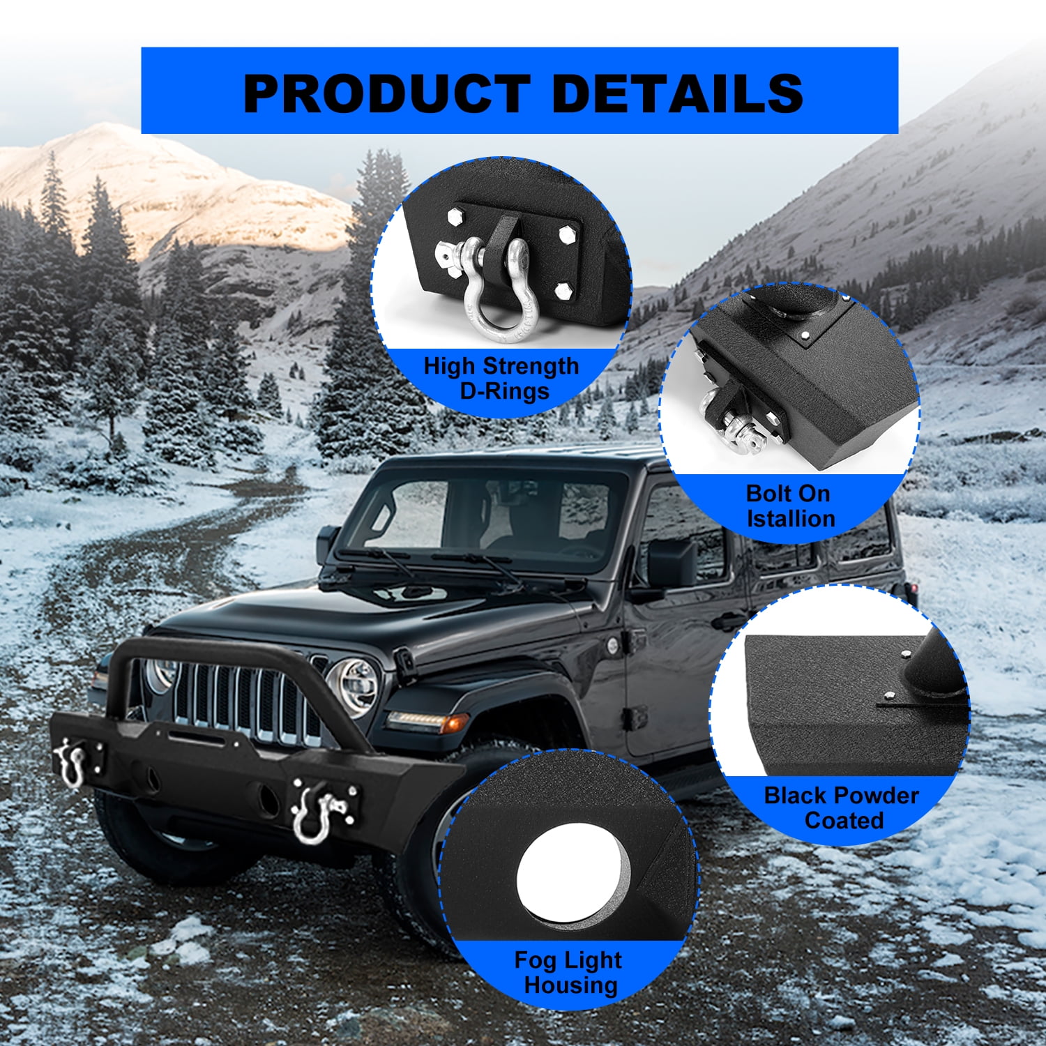 Kojem 5U0D040O8JPI, Automotive Front Bumper with Heavy-Duty fits Jeep Wrangler 2007-2018 Black