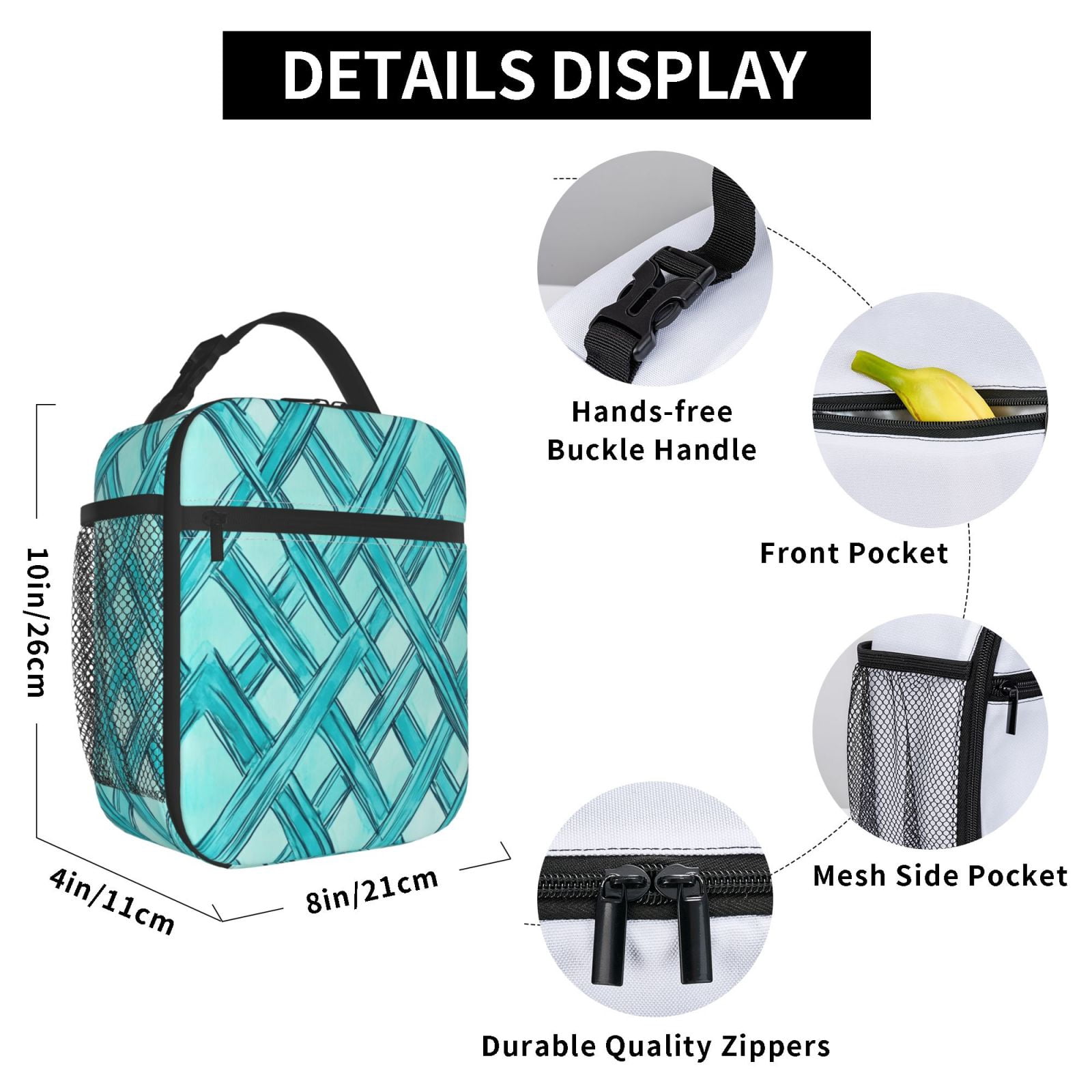 Lunch Bag For Women Men Insulated Portable Lunch Box Bento Box Office Picnic Travel Cooler Bag Turquoise Moroccan Trellis Hand-Drawn Sketch_62922_2
