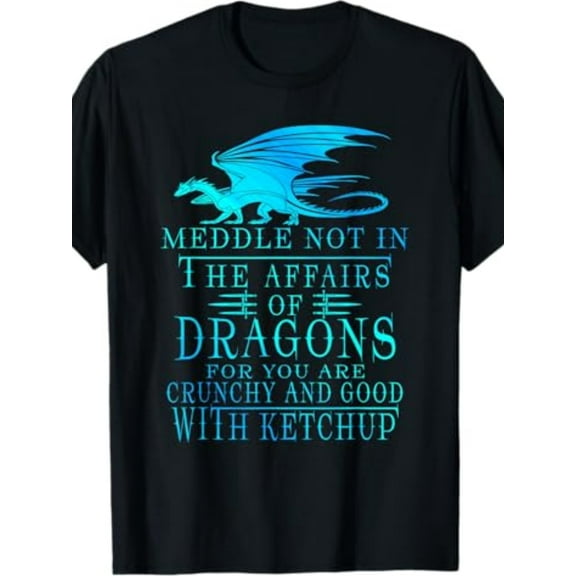 Men's Vintage Dragon Graphic T-Shirt - "Meddle Not in the Affairs of Dragons" Design, Black Cotton Crew Neck Tee with Blue Dragon & Ketchup Print, Casual Casual Attire for Adults