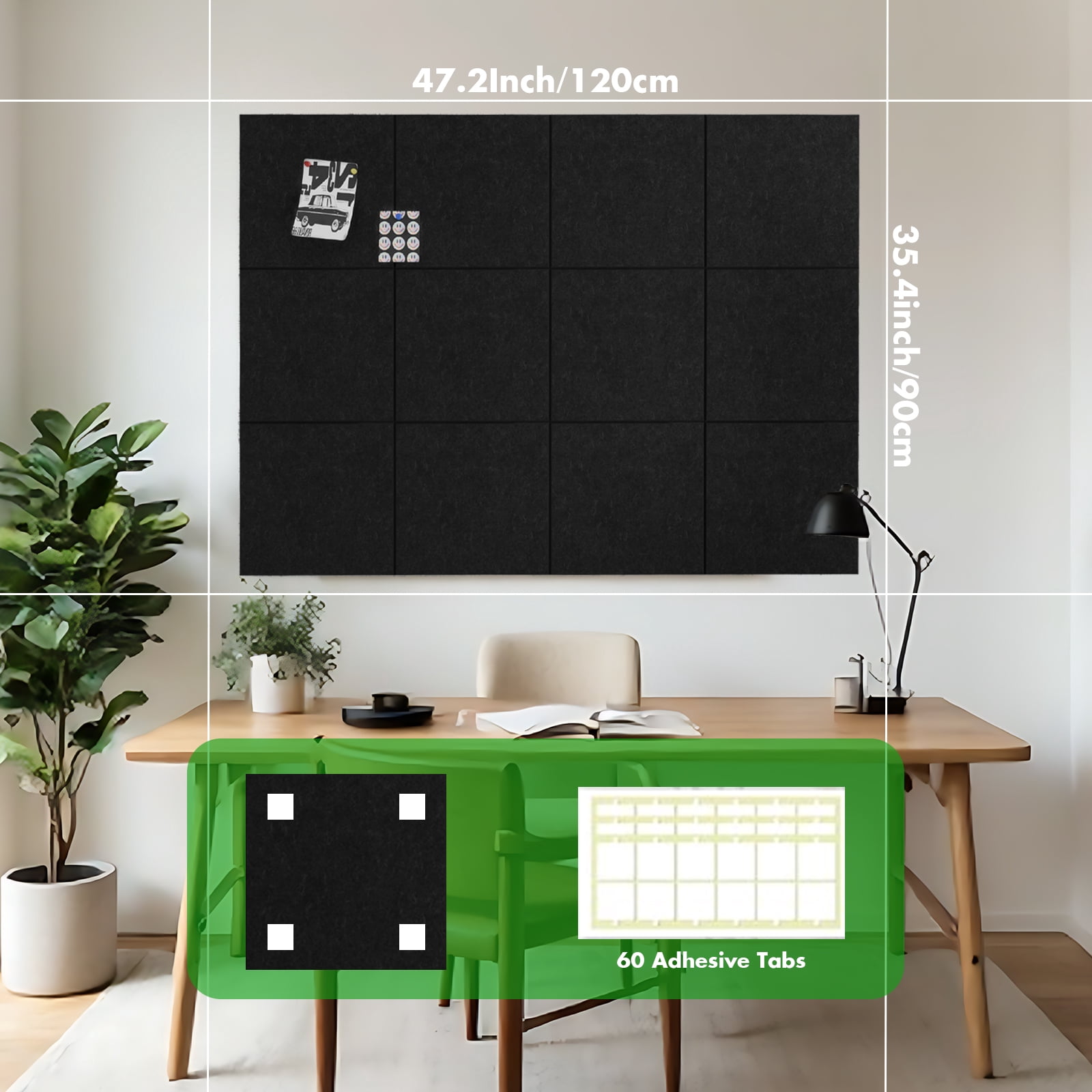 Large Cork Board for Office Decor,48"x36"-12 Pack Felt Wall Tiles with Safe Removable Adhesive Tabs, 1/2" Thick Felt Bulletin Board,Cork Boards for Walls Pin Board - Black