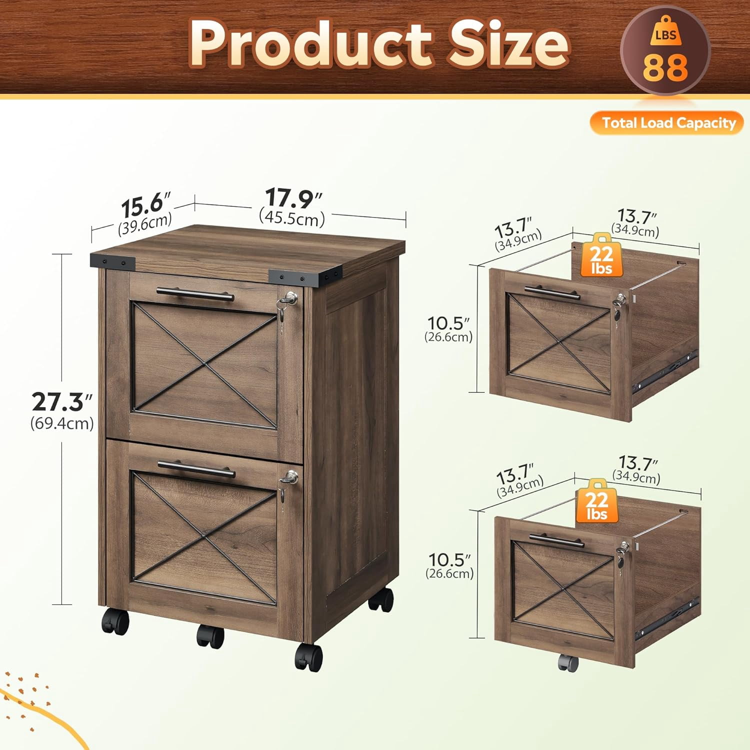 ZMSHOP 2 Drawer File Cabinet with Hanging Files, Mobile Rolling Storage Cabinet for Home Office, Under Desk Filing Cabinet with Lock, Printer Stand, Dark Brown