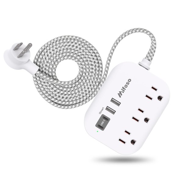Power Strip Mifaso 7 en 1 con puertos USB, 3 salidas AC, cable de 5 pies