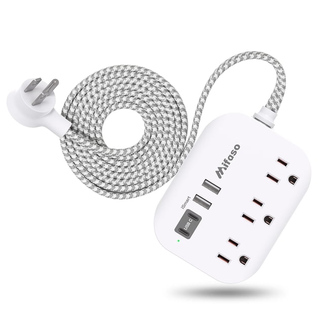 Power Strip Mifaso 7 en 1 con puertos USB, 3 salidas AC, cable de 5 pies