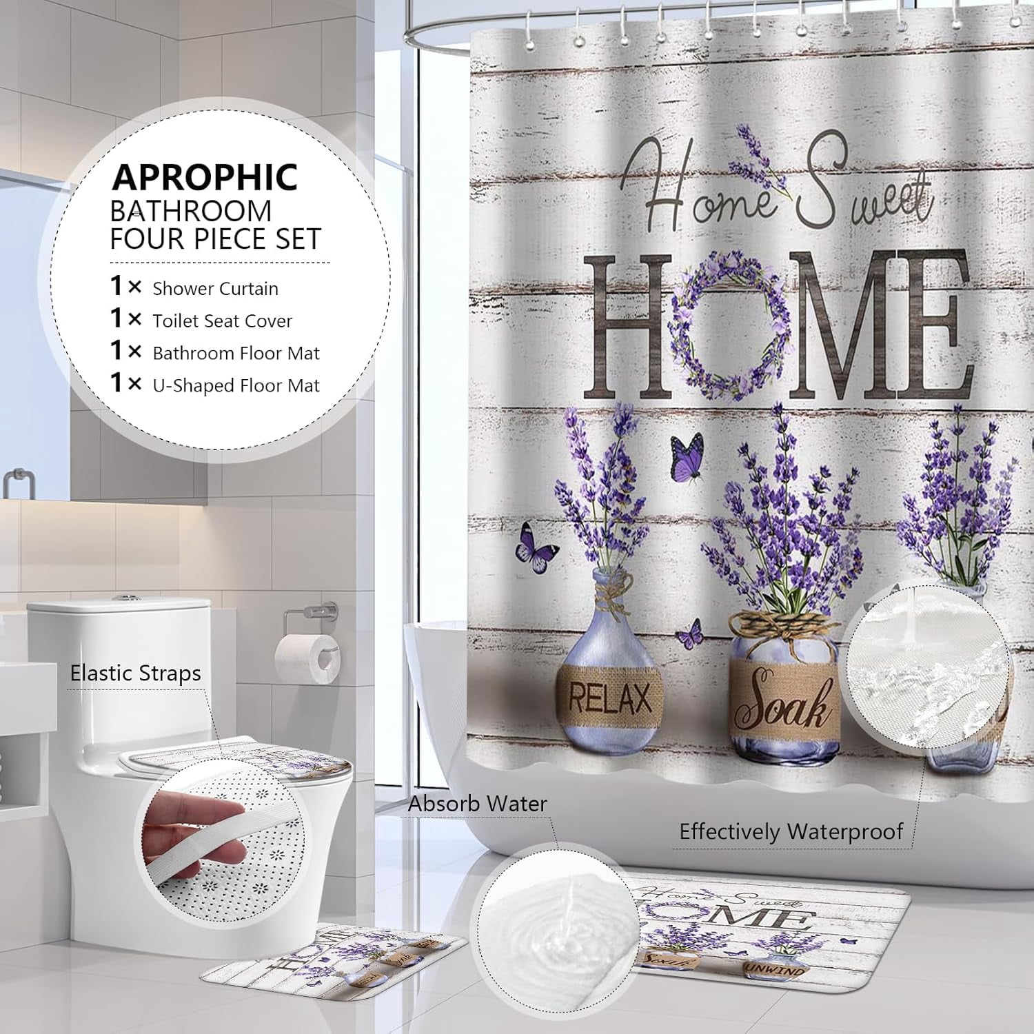 4PCS Farmhouse Shower Curtain Sets for Bathroom, Green Eucalyptus Rustic Bathroom Set with Shower Curtain and Rugs, Country Style Home Sweet Home Vintage Bathroom Decor Accessories