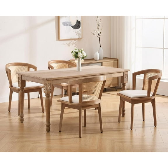 Guyou Rattan Chair Mid Century Linen Dining Arm Chairs with Wood Frame for Home Living Room Kitchen Dining Farmhouse Restaurant, Beige/Oak(Set of 4)