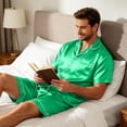 thumbnail image 5 of Lumtrix Mens Satin Silk Pajamas Sets Short Sleeve Button-Down Sleepwear Two Piece Loungewear with Pockets Green L, 5 of 6
