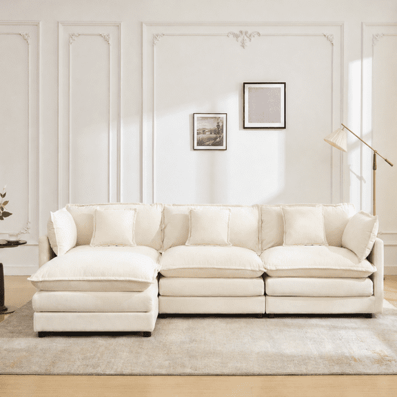 ATHOPE 112" Modular Sectional Sofa, L Shaped Cloud Couch with Movable Ottoman, Comfy Chenille Deep Seat Sofa with Throw Pillows, 3 Seat Modern Couches for Living Room Bedroom Apartment, Beige