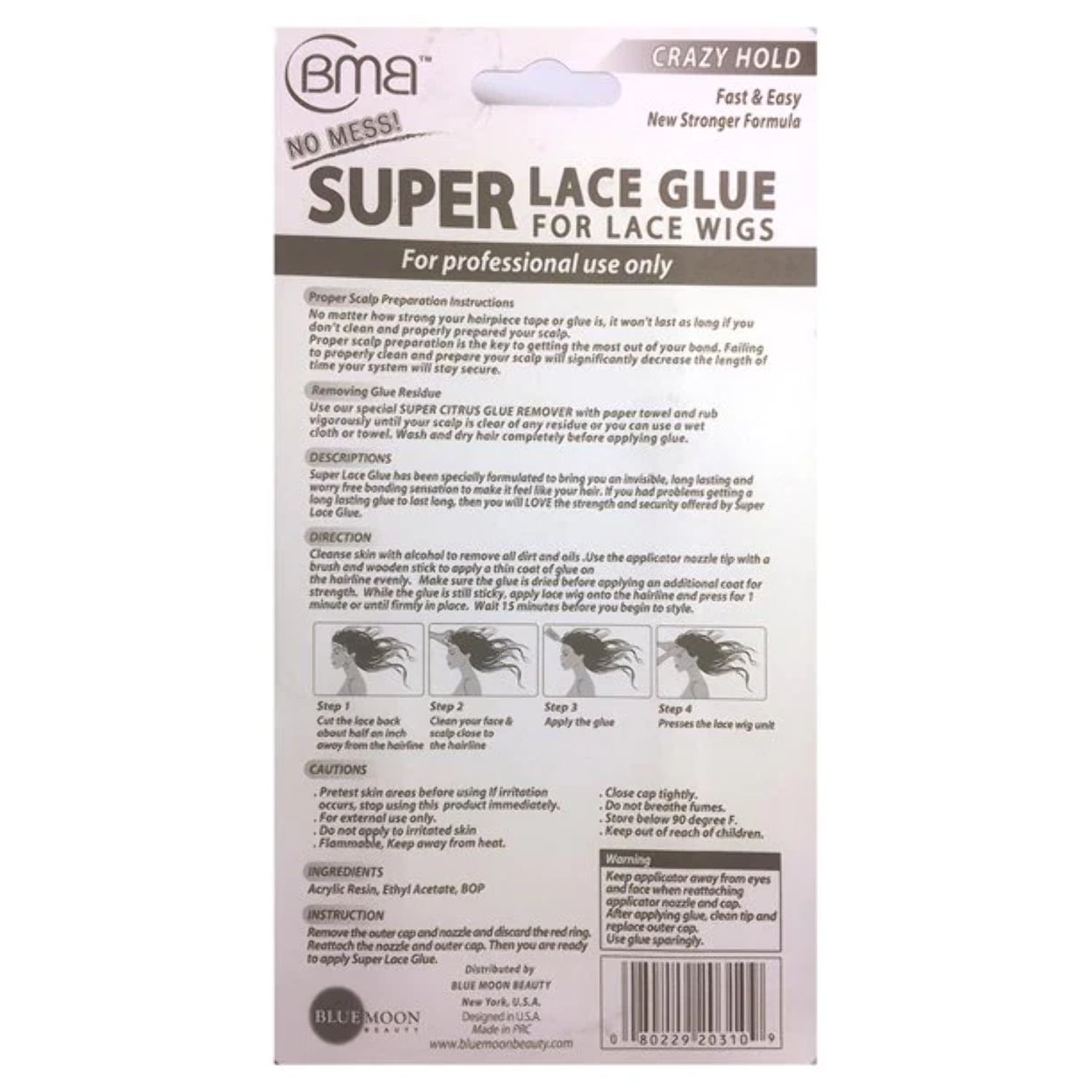 BMB CRAZY HOLD TUBE SUPER LACE GLUE ADHESIVE 0.4 OZ STRONG HOLD LACE GLUE  FOR WIGS (TUBE 1 PACK)