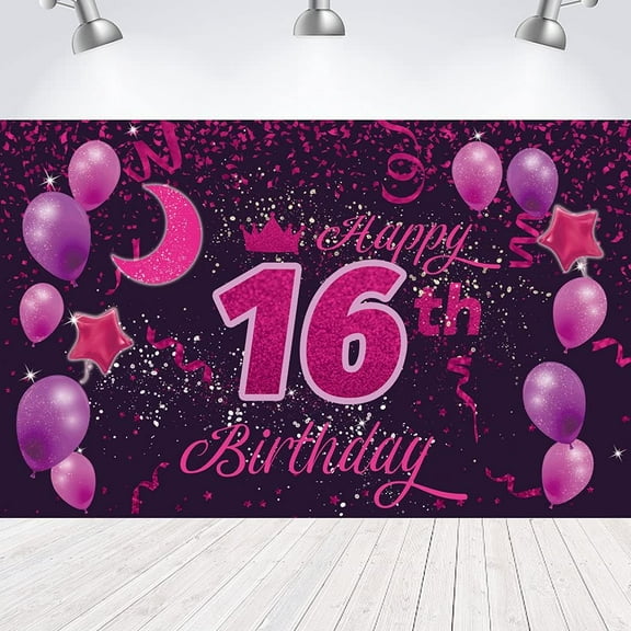 Sweet Happy 16th Birthday Backdrop Banner Poster 16 Birthday Party Decorations 16th Birthday Party Supplies 16th Photo Background(Pink Purple)