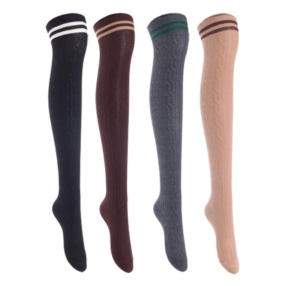 Lian Lifestyle Women's 4 Pairs Incredible Durable Super Soft Unique Over Knee High Thigh High Cotton Socks, Size US 6-9, JMYP1023 Black, Coffee, Dark Gray, Khaki