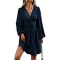 thumbnail image 3 of Women'S Elegant Dress V Neck Long Sleeve High Waist Swing Prom Cocktail Short Dresses Navy Blue M, 3 of 9