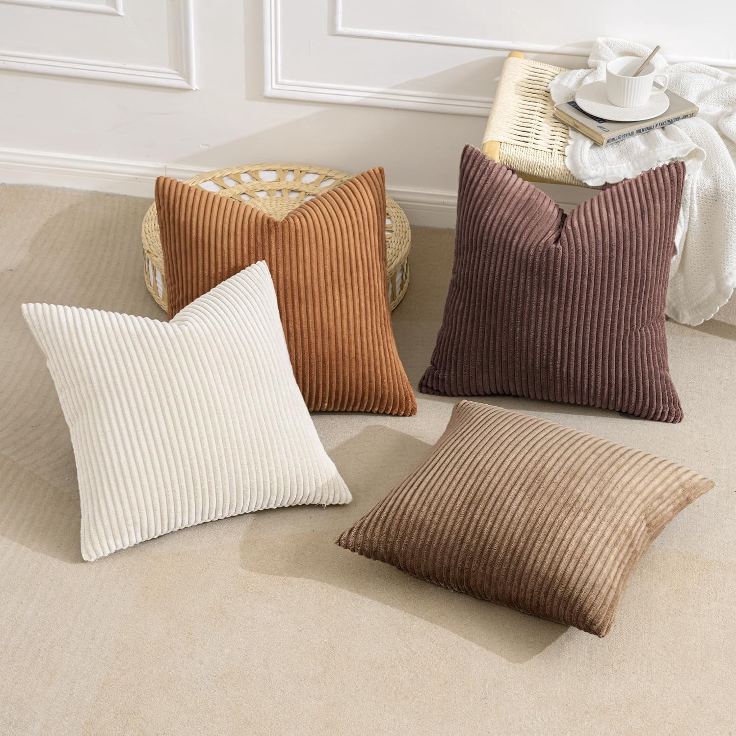 Boho Farmhouse Throw Pillow Covers 18x18 Inch Set Of 4 Rustic Mordern Neutral Cushion Soft Corduroy Nordic Home Decor For Couch Bed Sofa Living Room Brown