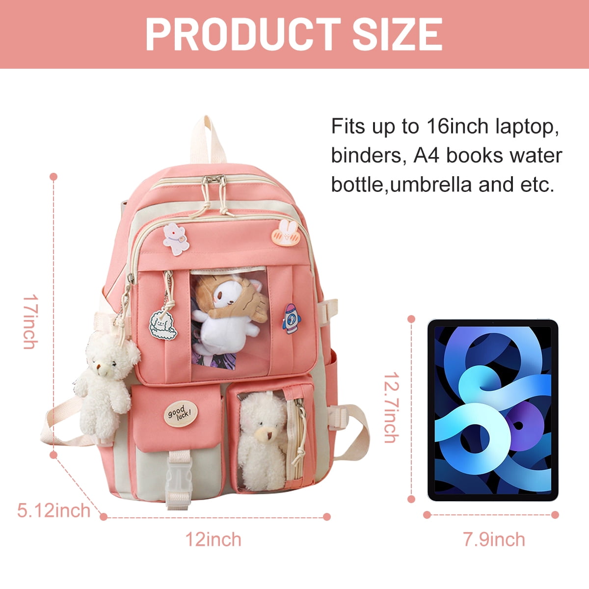 Sanmadrola 5PCS School Backpacks Cute Plush Bear Backpack Set with Pendants and Pins Accessories Kawaii Laptop Bag School Bags, Pink