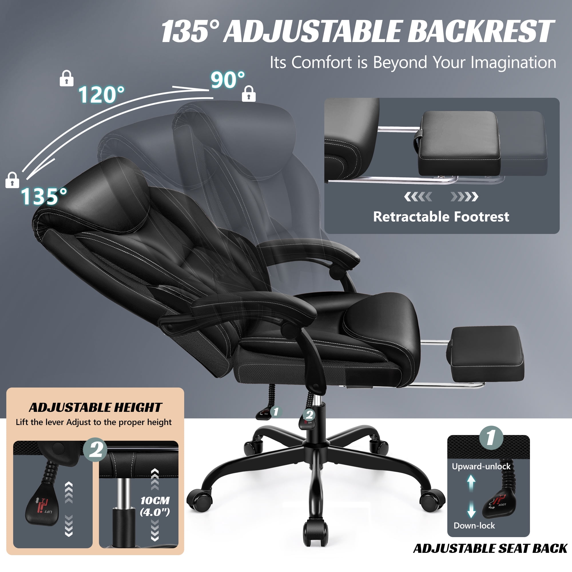 ATHOPE Leather Office Chair 400Lbs, Executive Office Chair with Footrest High Back Support, Big and Tall Ergonomic Desk Chair, Adjustment Computer Chair 360°Swivel Free, Black