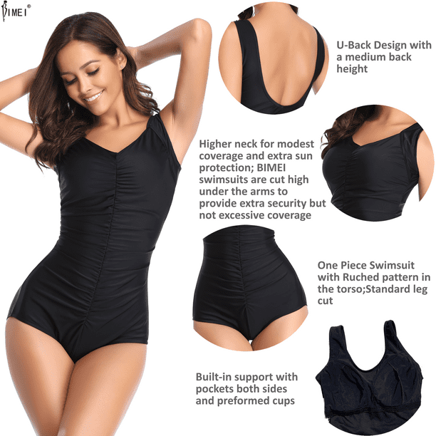 BIMEI Women's One-Piece Pocketed Mastectomy Swimsuit Tummy Control Bathing  Suits 886, BLACK, 2XL