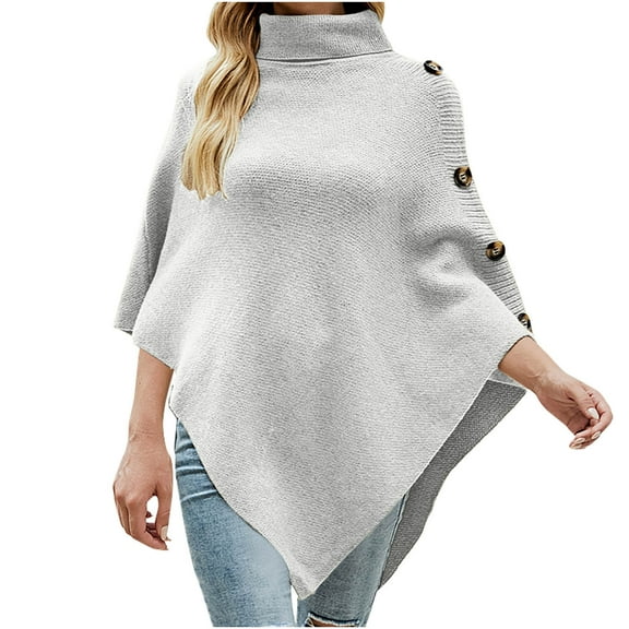 Xfvqtps Women Turtleneck Knit Sweater 3/4 Sleeve Asymmetric Hem Decorative Buttons Solid Color Fashion Oversized Fall Winter Sweaters Casual Pullover Jumper Gray