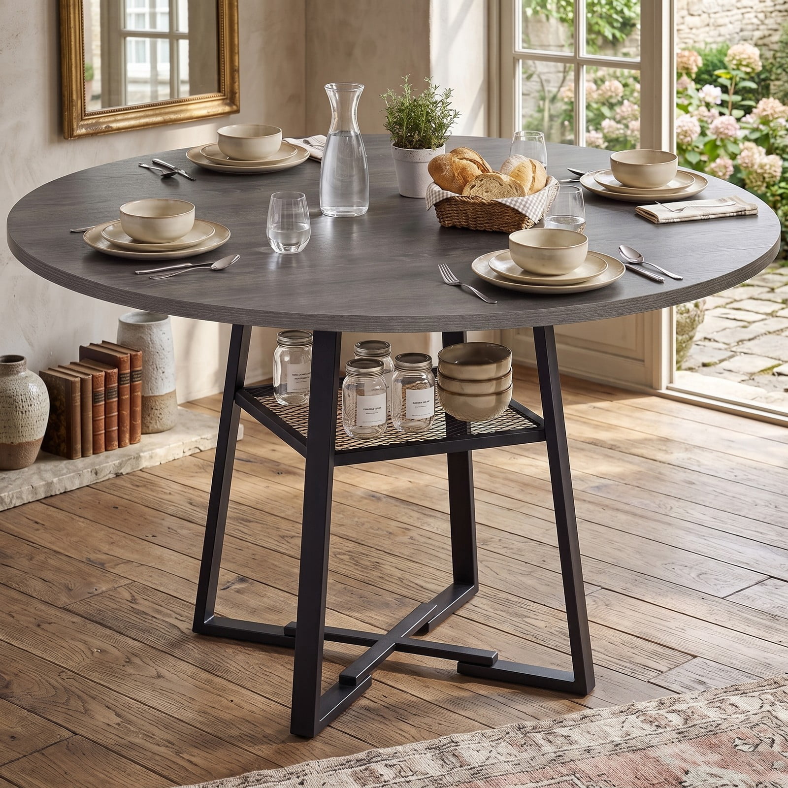 Furnibear 47.5" Round Dining Table for 4-6 with Storage Shelf, Metal Legs and MDF Tabletop, Kitchen Dinette Table with Rubber Wood Crossbars for Home Apartment, Gray