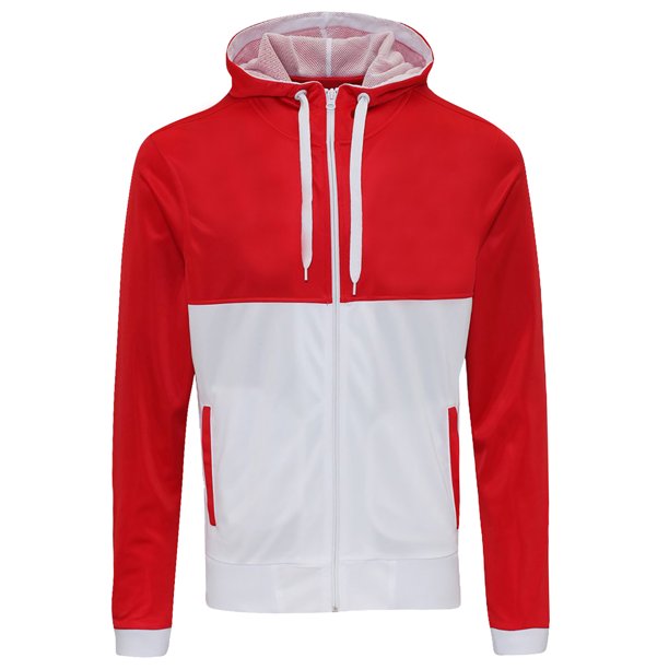 Awdis - Sudadera con capucha y cremallera Modelo Retro hombre/caballero - Gym/Correr/Deporte (Rojo Fuego/Blanco Ártico)
