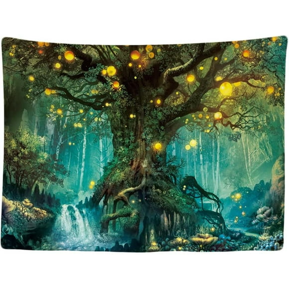 Decorative Bedroom Wall Tapestry - Fairy Elf Tree Magic Nature - 200 x 150 cm Large - Fabric Wallpaper - Tapestry Aesthetic Wall - Panoramic Decoration