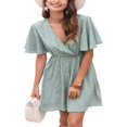 thumbnail image 3 of Femmes Casual Mousseline Mini Robe Manches Courtes Point Imprimé V Cou Taille Haute une Robe de Ligne d'Été Robe de Plage, 3 of 6