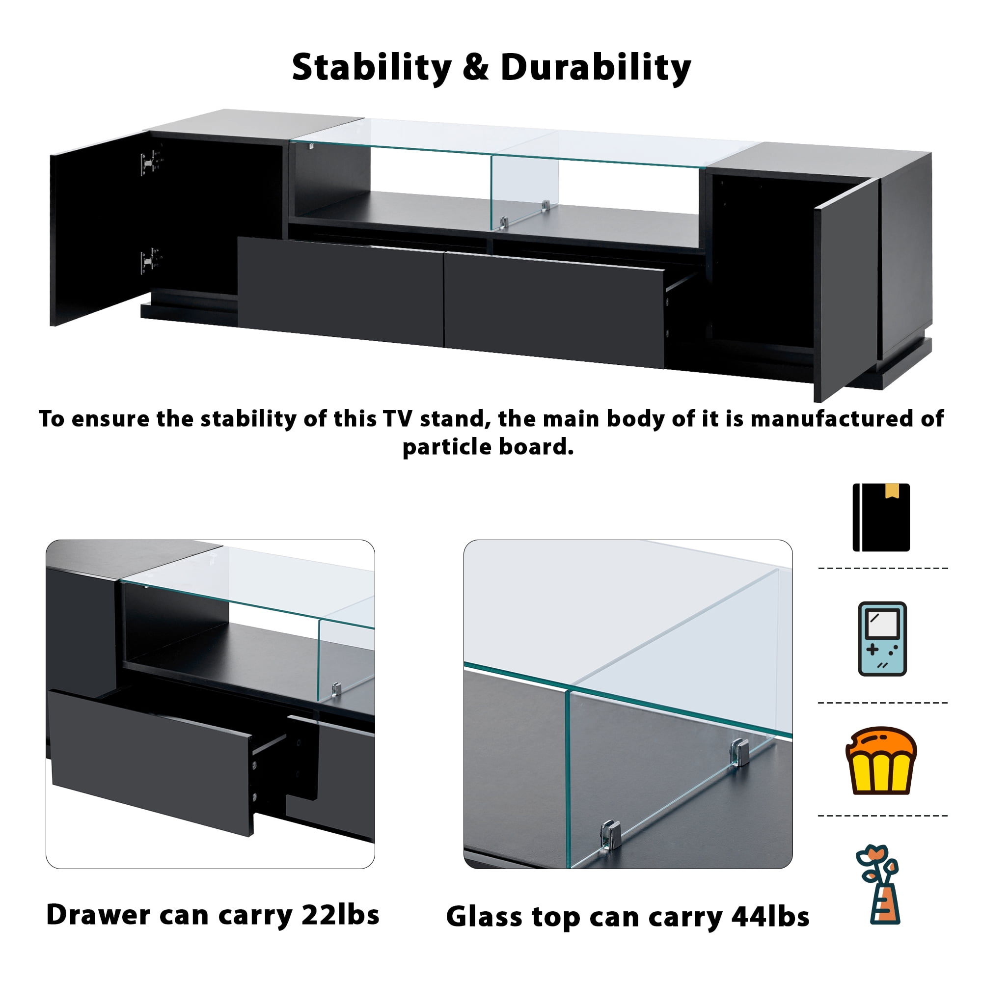 Momspeace Modern High Gloss TV Stand with Tempered Glass Shelf and 16-Color LED Light Strips for TVs up to 70'' -Black