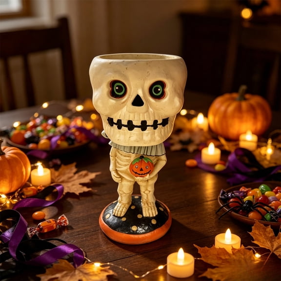 Halloween Pumpkin Skull Candy Bowl, Rotating Face Treat Jar, Spooky Resin Candy Holder with Lid, Trick Or Treat Container for Party Tabletop Home Decor