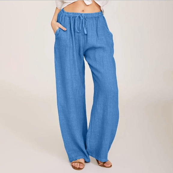 QUNYINEY Womens Pants Casual Blue Wide Leg Cotton Linen Pants Relaxed Fit Drawstring with Pockets Beach Elastic Waist Pants